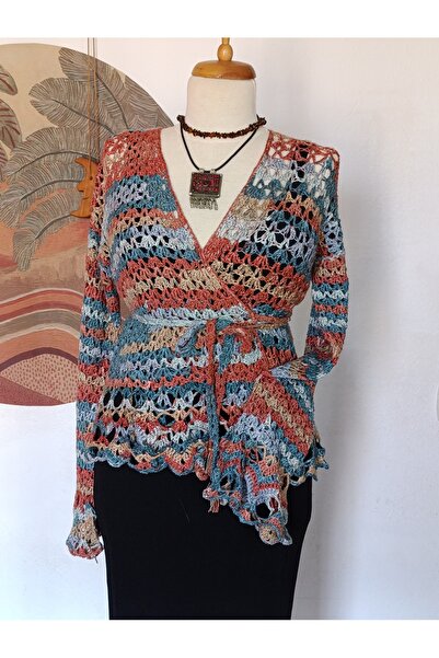 Hippybutik El Örgüsü Tarçın Karma Akıllı Ip Tığ Dokuma Bluz