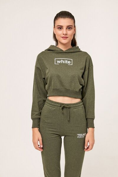 ESCBUTİK Hanorac scurt cu glugă albă - imprimat