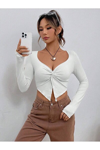 Wild Flower Bluză albă cu mânecă lungă Front Twist