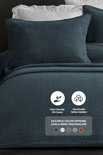 Evlen Home Collection %100 Pamuk Çift Kişilik Pike Takımı Özel Taş Yıkama Yatak Örtüsü Lüks Yumuşak Vitali Mavi Lacivert
