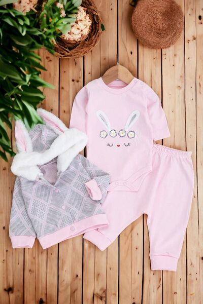 voyyo kids baby BABY GIRL RABBIT EMBROIDERED EAR DETAIL 3 PIECE ZIBIN SET / GIFT