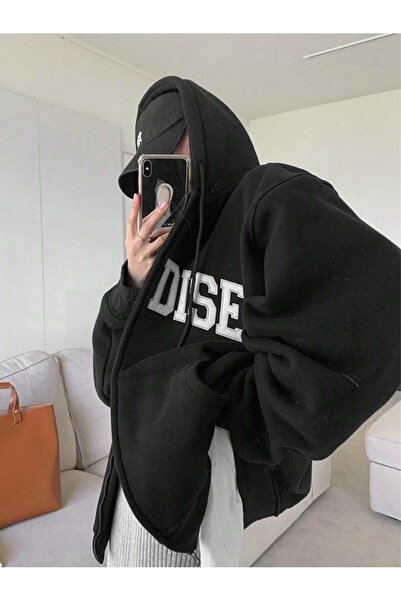 Boi Hanorac negru cu glugă supradimensionat cu imprimeu Paradise - Cardigan d...