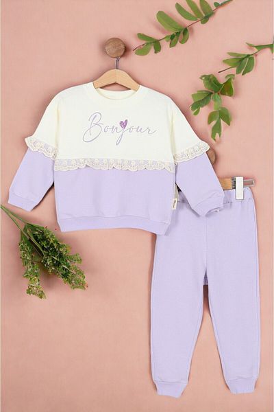 voyyo kids baby Girl's Bonjour Printed Oversize Lace Laced Tracksuit Set 3-4-5-6 Years