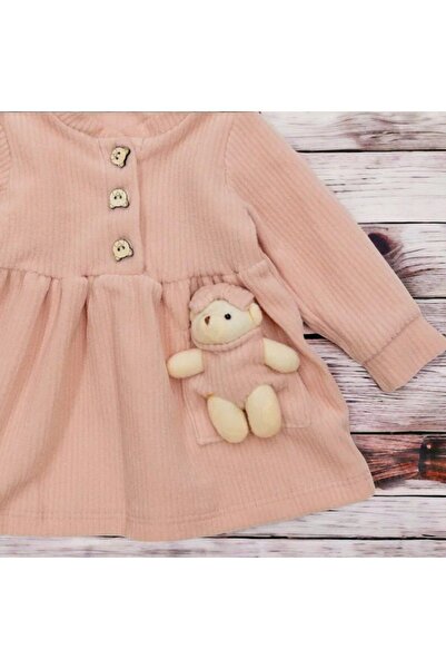 Egelite Kız Bebek Kışlık Polarlı Ayıcık Aksesuarlı Kadife Fitilli Doku Boneli Elbise Ahşap Düğmeli