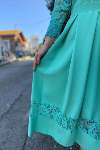 PHUDRA LİNE Kadın Yeşil Midi Boy Tamamı Dantel Kol Abiye Isteme Nişan Söz Mevlüt Elbise