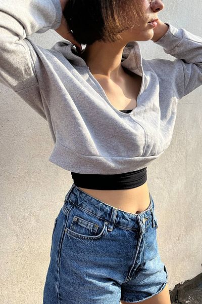 macklin V-Neck Hooded Basic Crop Women's Knitted Sweatshirt