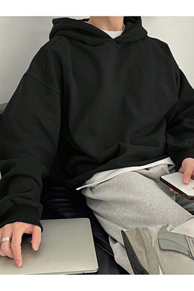 LUMİZA Ανδρικό φούτερ με κουκούλα 2 τεμαχίων μαύρο-γκρι μονόχρωμο casual