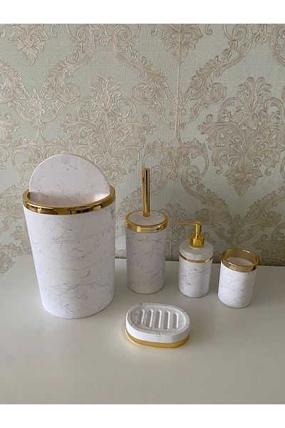 Trend Banyo Mutfak 5 Piece Marble Pattern Mat Bathroom Set / WC Brush Holder, Liquid - Solid Soap Dish, Trash Can, Toothbrush Holder