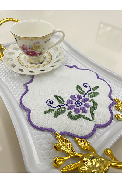 AYNAKIŞÇEYİZ 6 Adet Kanaviçe Gül Nakışlı Keten Kumaş Kahve Yanı Kokteyl Peçetesi & Bardak Altlığı.