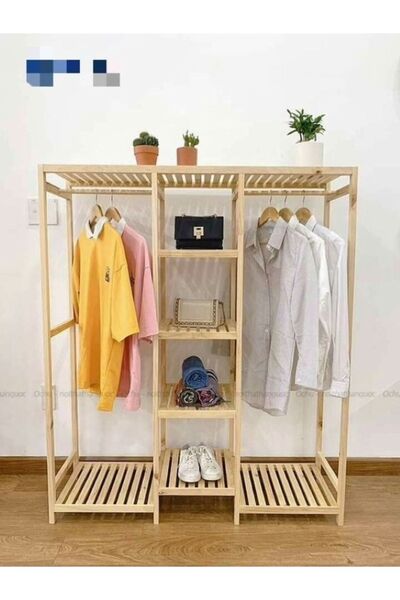 MFG AHŞAP Açık Ahşap Gardolap Çift Raflı