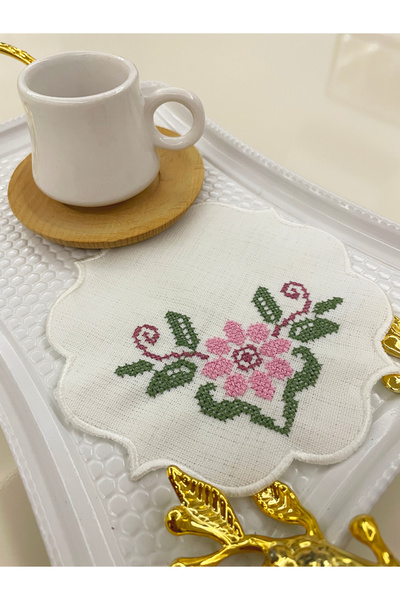 AYNAKIŞÇEYİZ 6 Adet Kanaviçe Gül Nakışlı Keten Kumaş Kahve Yanı Kokteyl Peçetesi & Bardak Altlığı.