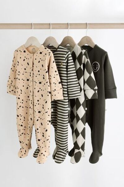 Next Baby % 100 Pamuklu Siyah Krem Şekiller 4'lü Tulum Set