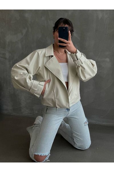 İLKCET MODA Oversize dámská kožená bunda s balonovým rukávem