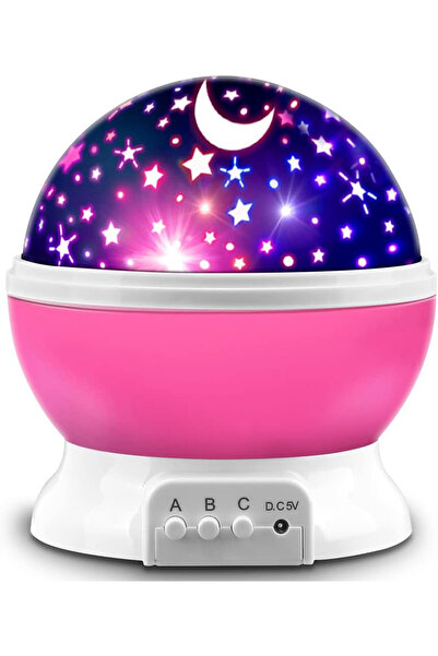 Efege Tavana Işık Yansıtan Pembe Gece Lambası Dönen Yıldız Ay Projeksiyon Lam...