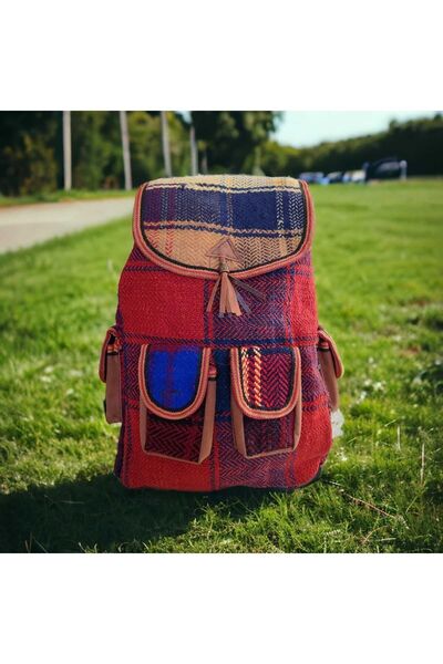 LissomeBag Otantik Kadın Sırt Çantası, Bohem Çanta, 5 Cepli Vintage Çanta, Kilim Desenli