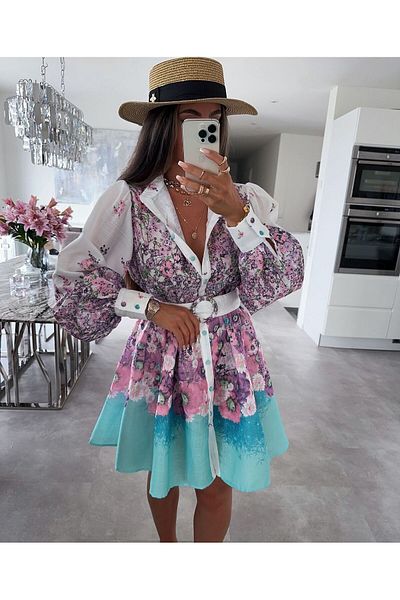 Butik Şenel Balloon Sleeve Mini Dress - Floral Pattern
