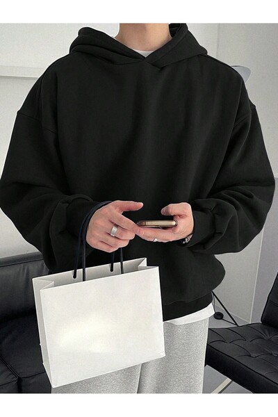 LUMİZA Ανδρικό φούτερ με κουκούλα 2 τεμαχίων μαύρο-γκρι μονόχρωμο casual