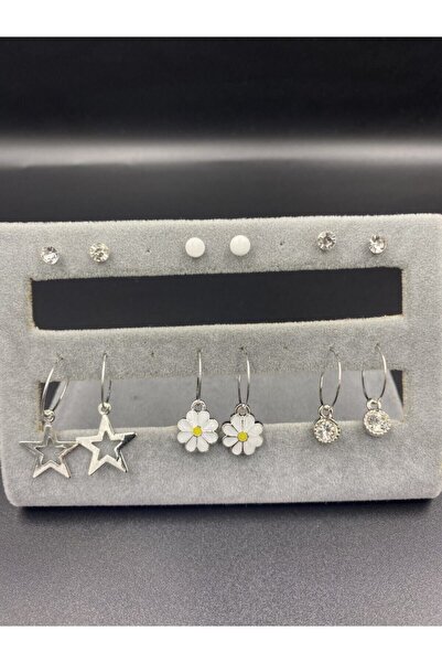 Alitaha Bijuteri 12li Gümüş Renkli Papatya Ve Yıldızlı Küpe Seti