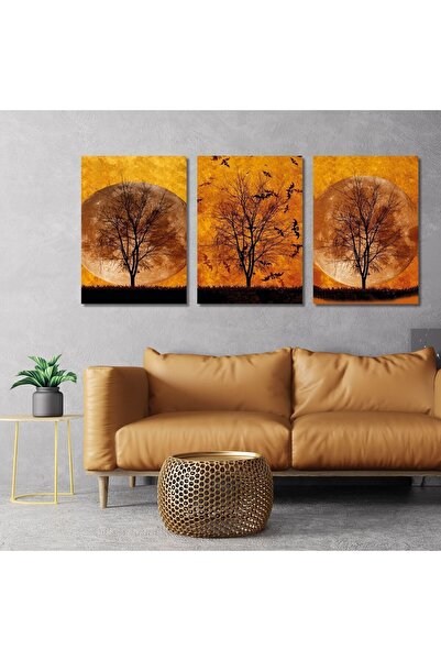 GAAGART 3'lü Kanvas Tablo Seti Turuncu Dolunay ve Ağaç Manzarası