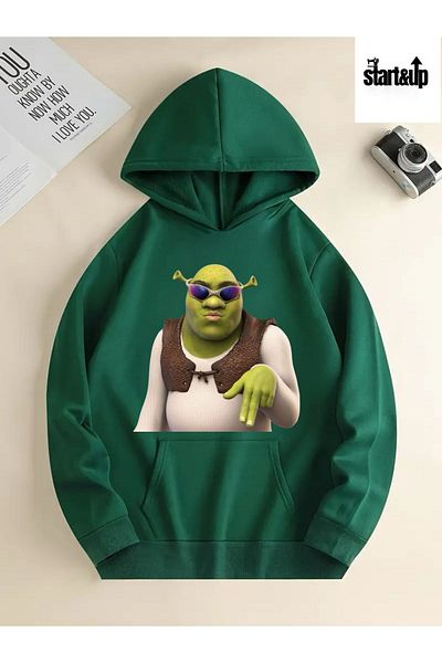 QUEENSTOWN Φούτερ με κουκούλα Nefti Green Shrek με στάμπα Unisex - Πάχος 3 νημάτων