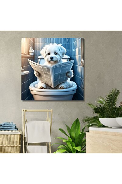 GAAGART Tekli Kare Kanvas Banyo Tablosu Gazete Okuyan Maltese Köpek