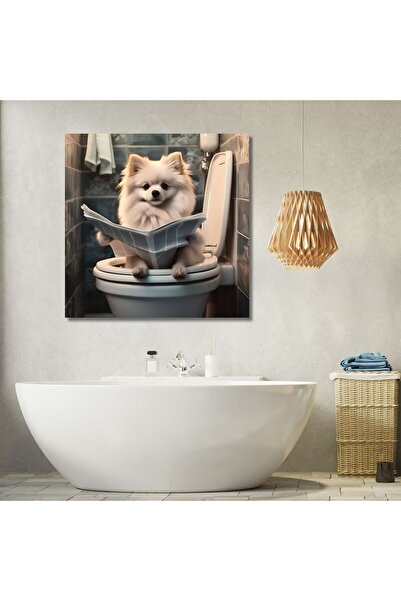 GAAGART Tekli Kare Kanvas Banyo Tablosu Gazete Okuyan Krem Pomeranian