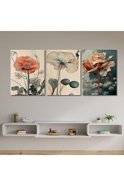 GAAGART 3'lü Kanvas Duvar Tablosu Soft Renkte Gelincik Çiçekleri