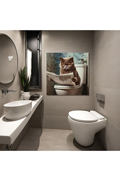 GAAGART Tekli Kare Kanvas Banyo Tablosu Gazete Okuyan Gri British Kedi