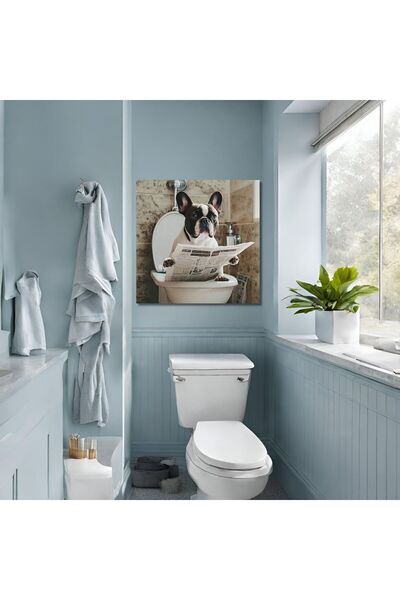 GAAGART Tekli Kare Kanvas Banyo Tablosu Gazete Okuyan Siyah French Bulldog Köpek
