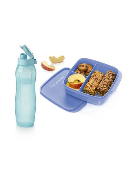 Tupperware Eco Blue Bottle Slim Nutrition Set - 1L Blackberry and 550 ml Compartment