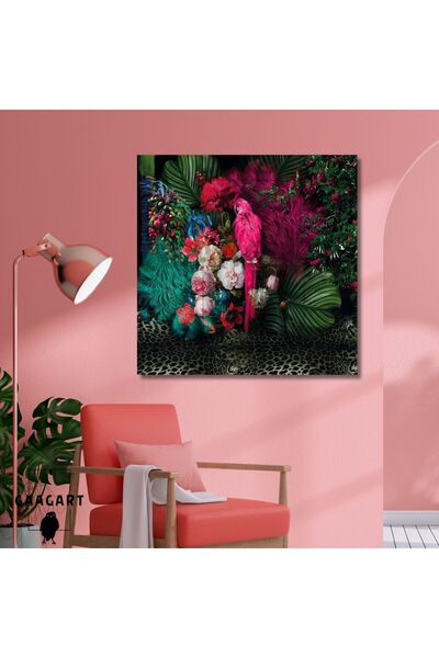 GAAGART Tekli Kare Kanvas Tablo Pembe Papağan ve Manzara