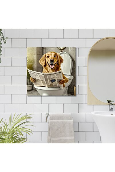 GAAGART Tekli Kare Kanvas Banyo Tablosu Gazete Okuyan Gülen Golden Köpek