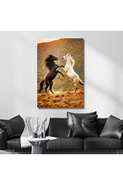GAAGART Tekli Dikey Kanvas Duvar Tablosu Şaha Kalkmış Beyaz ve Siyah At