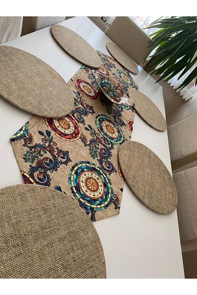 Ayşemce Sack Background Ethnic Mandala Pattern Runner 6 Ready Printed Plate Placemat Set