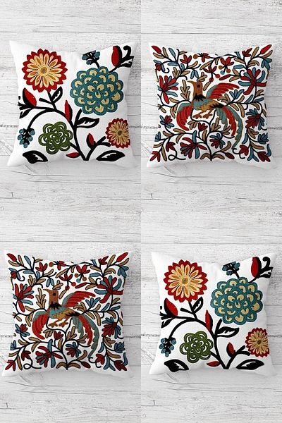EKO Κεντημένο Floral Bird μοτίβο Ethnic Κάλυμμα μαξιλαριού με κρυφό φερμουάρ Σετ μαξιλαροθήκη καναπέ (4 τμχ)