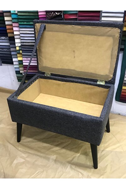 Lütfiye Gündoğan Sandıklı puf yükseklik 45cm boy 60 cm en 40cm kumaş keten antrasit gri