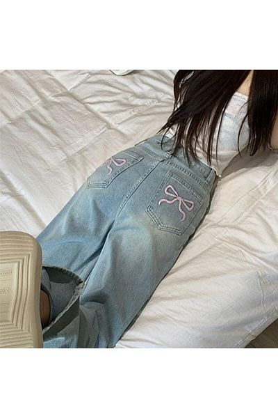 Toum Streetbeat Wear Ribbon Detailed Baggy Washed Blue Jeans