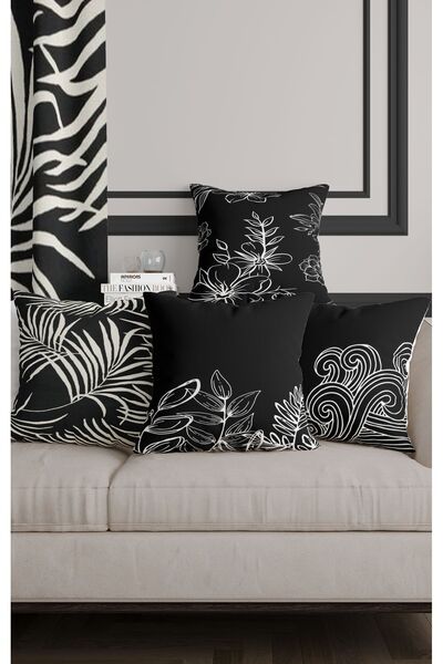 ALAMODECOR Богемський стиль Чорно-білий двосторонній чохол для подушки з цифровим принтом у вигляді листя, 4 шт.