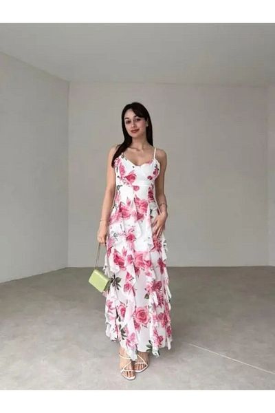 popibutik Strappy Maxi Red Dress - Ruffle Detailed