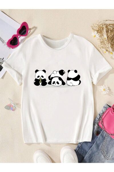 Pelna تي شيرت قطن أبيض - موديل عصري للأطفال، طباعة باندا