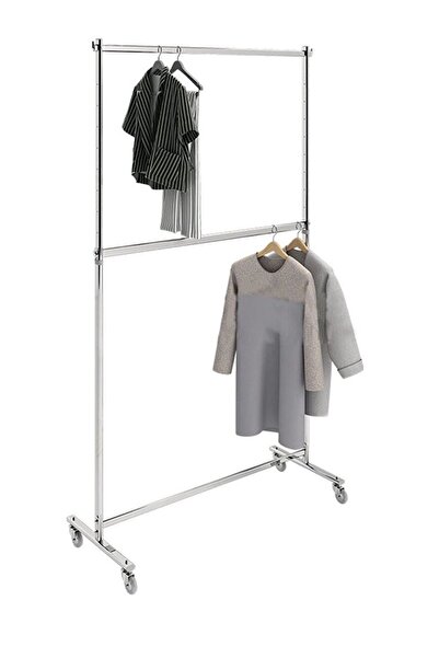 YigitFurkanTicaret Krom Kaplama Tekerlekli Stand Çift Katlı Askılık Elbise As...