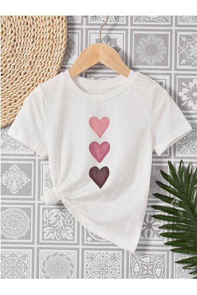 Pelna Tricou Alb din Bumbac - Model Trend Copii, Imprimat Inimioare Roz