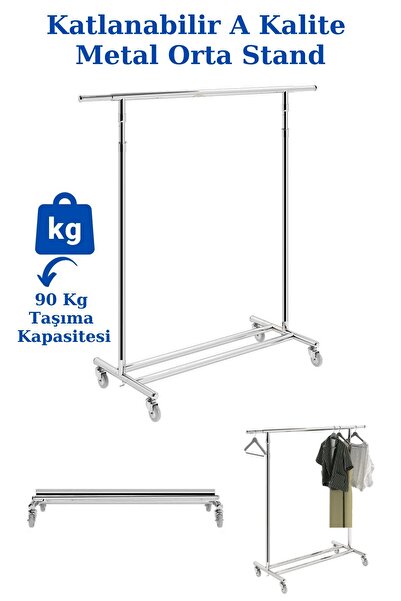Manken İstanbul A Kalite Katlanabilir Tekerlekli Metal Orta Stand Elbise Askısı Mağaza Askısı