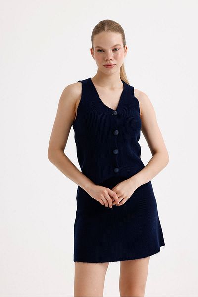fujya Women's Stylish Buttoned Navy Blue Vest Skirt Set