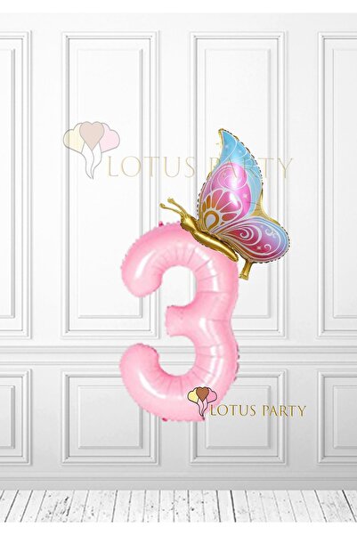 LOTUS PARTY Kelebekli Pembe Rakam Folyo Balon - Pembe Rakam - Gold Kelebek Fo...