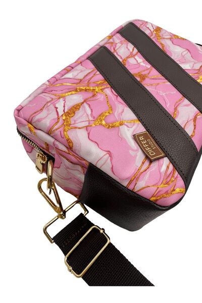 Differ Studio Χρυσό πολύχρωμο Vegan Leather - Ροζ μαρμάρινο σχέδιο, αδιάβροχη, καθημερινή τσάντα με λουράκι
