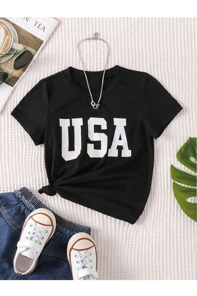 Pelna تي شيرت أسود للأطفال - مطبوع عليه الولايات المتحدة الأمريكية، قطن، للفت...