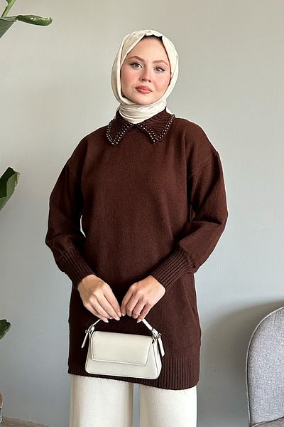 InStyle Pulover de tricotaj cu perle maro amar