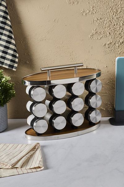 Perotti Casa Wood 12-piece Oval Cam Metal Lid Spice Rack Set - with Wooden Rotating Stand