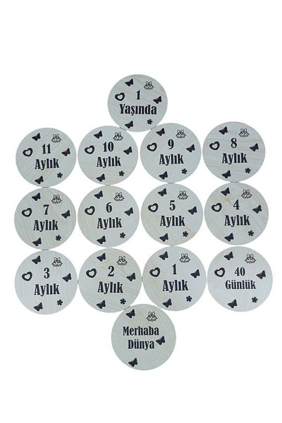 öyküdekor 10 Cm (14 Pieces) Turkish Monthly Plaque Set - Wooden Baby Photo Cards